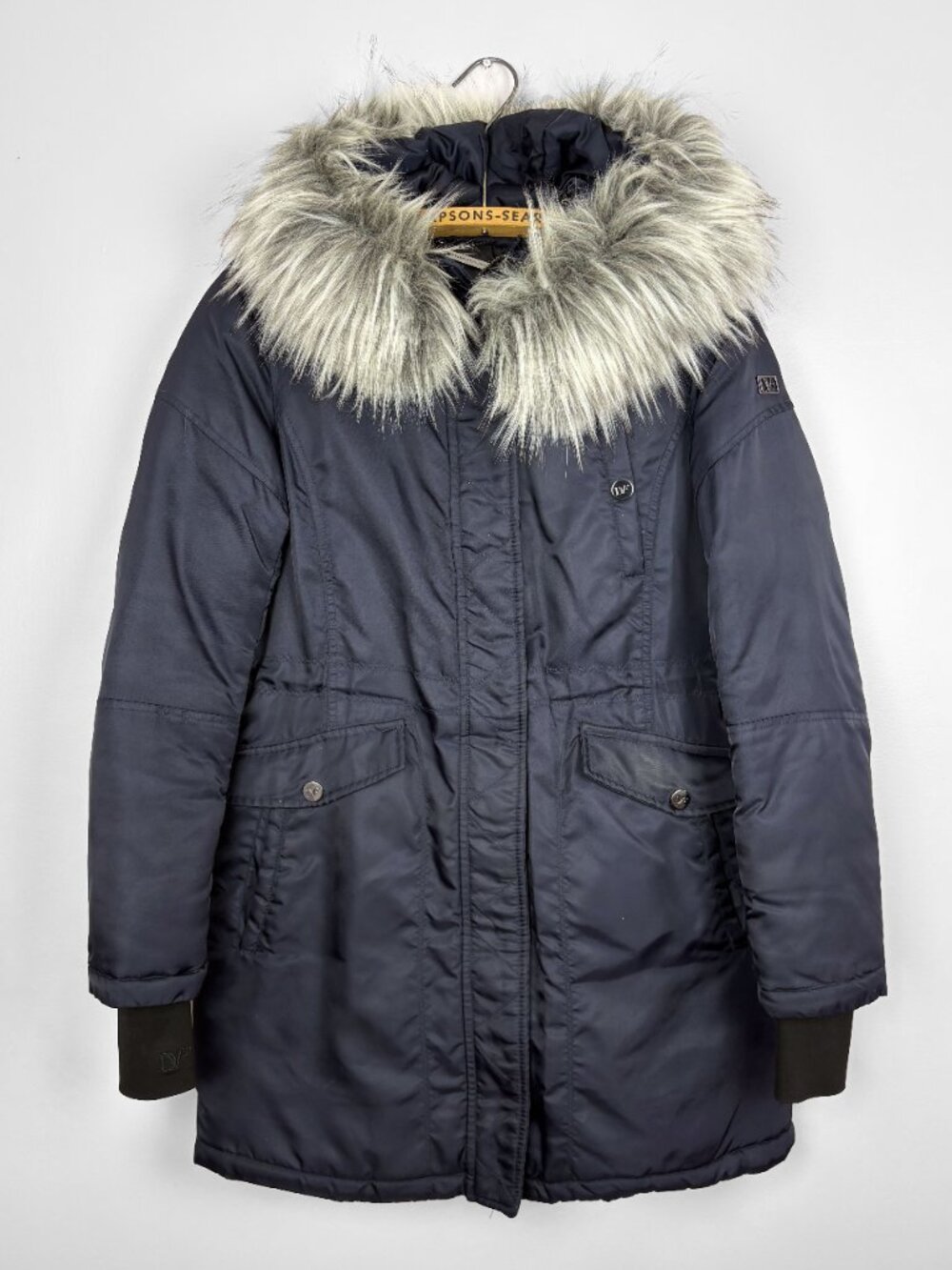 Diane Von Furstenberg DVF Womens Puffer Coat Faux Fur Hood Navy Blue Size Small
